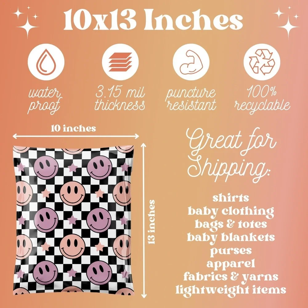 Checkered Smiley Face Poly Mailers 10x13 Inch 100 Pack Shipping Supplies‎ Pastel